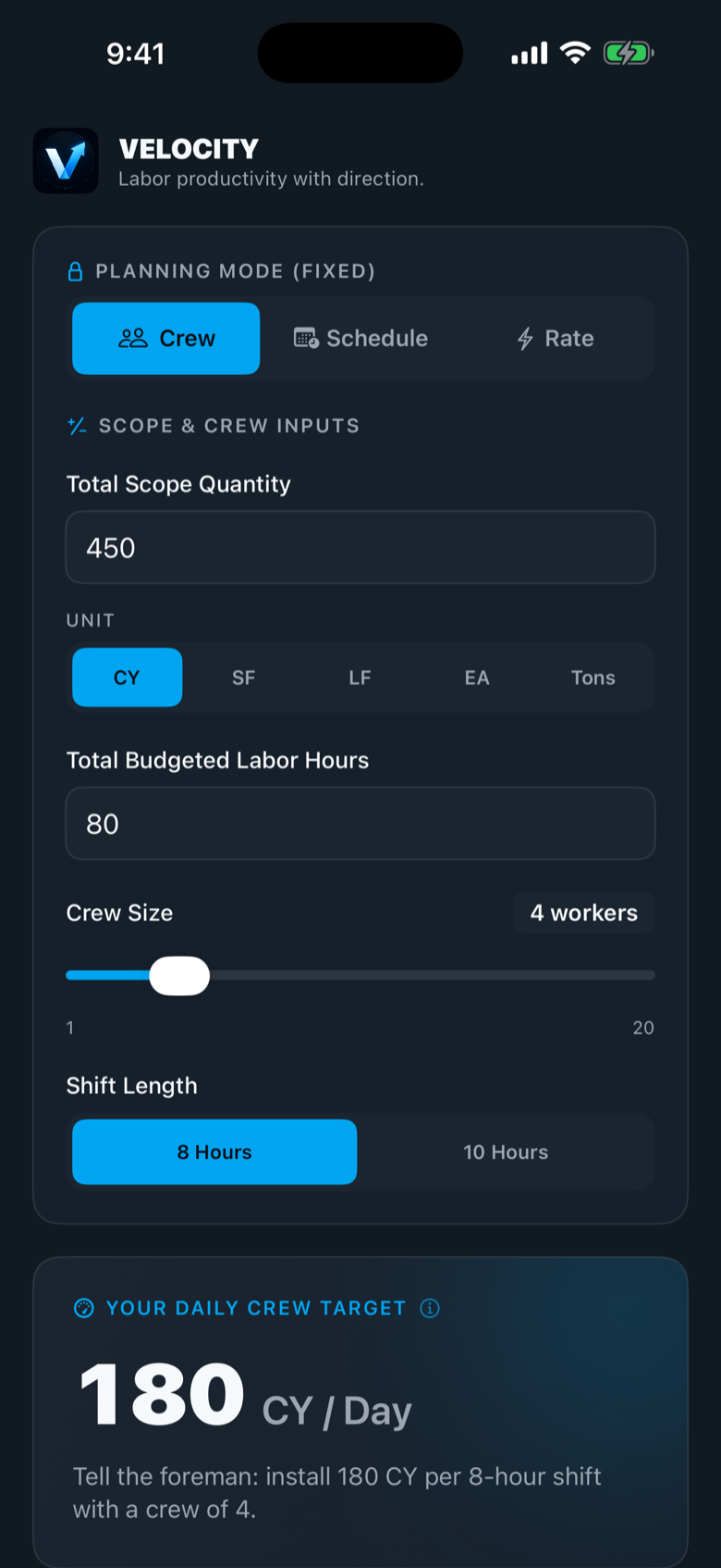 Velocity app showing a daily crew target of 180 CY per day